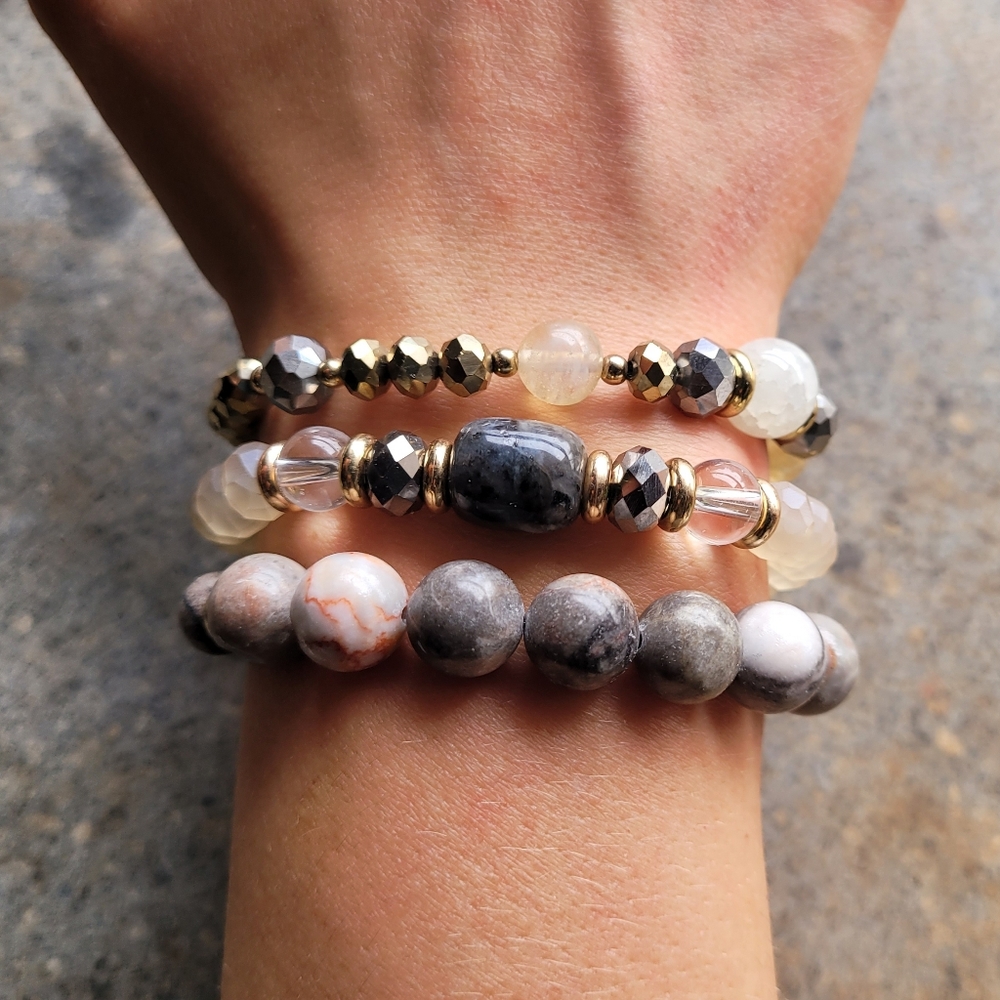 Rhondonite Stone & Glass Bead Bracelet Set of 3 - Picture 2 of 5